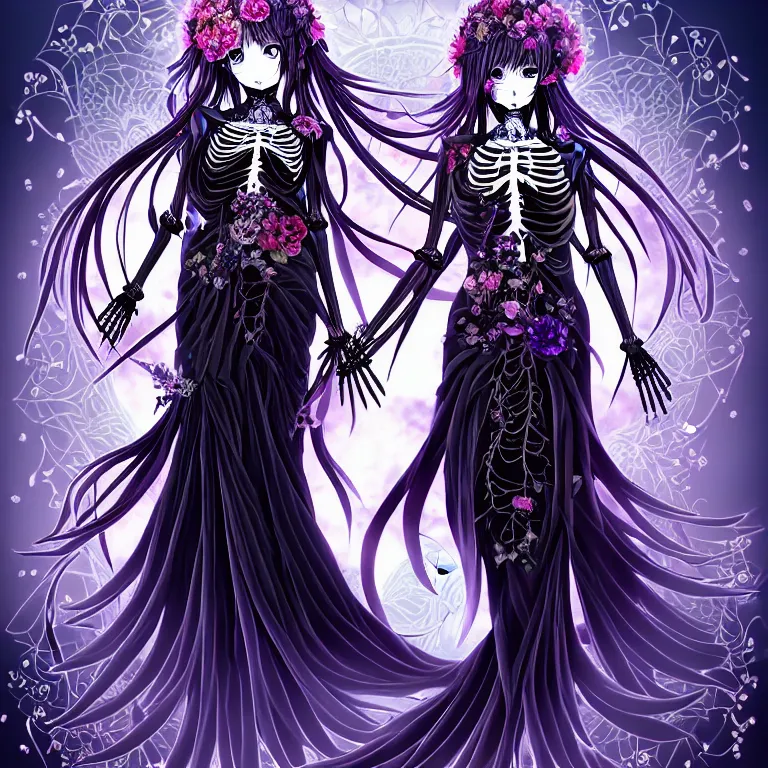 Prompt: stunning anime goddess hybrid skeleton of the floral river flowers, beautiful gothic dress in a dark romance, misty, by hironaka, harumi, in the style of gores, derek, hironaka, harumi, intricate, beautiful, artstation 8 k, high resolution sparkling atom fractals of jewls cords, by alex grey and ketner, jeremiah