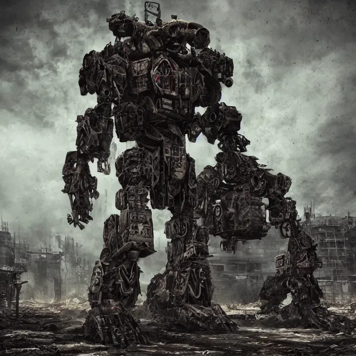 Image similar to gritty apocalyptic scene of human standing next to mech, hyper - detailed, sharp focus, 4 k ultra hd, fantasy dark art, apocalyptic art