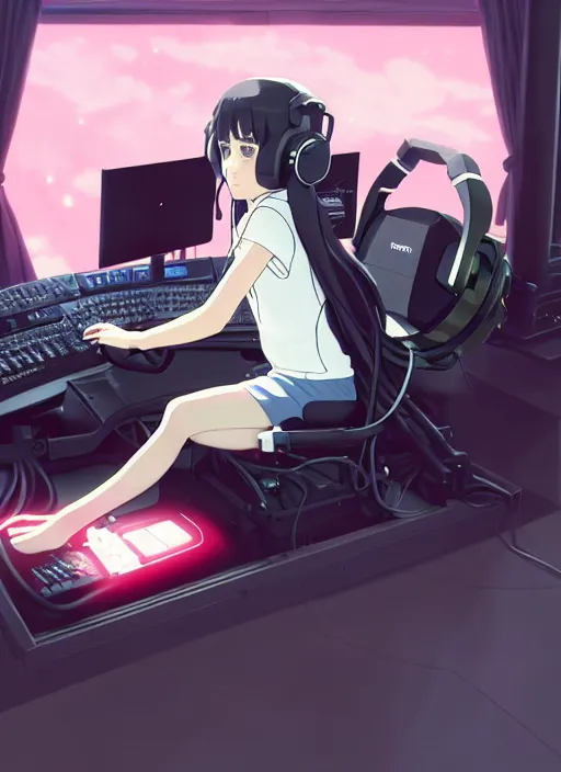 Prompt: portrait of girl driving on simracing simulator, personal room background, illustration concept art anime key visual trending pixiv fanbox by wlop and greg rutkowski and makoto shinkai and studio ghibli and kyoto animation, playseat evolution, long hair, symmetrical facial features, red headphones, thrustmaster t 3 0 0, sf 1 0 0 0 steering wheel