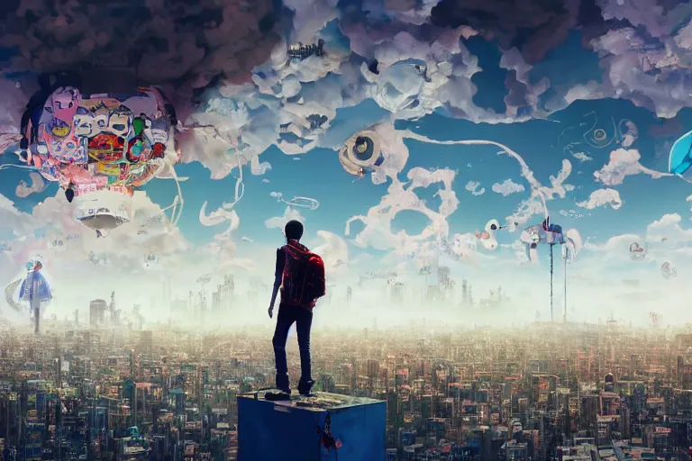 Image similar to a young man with a survivor backpack walking on clouds away from the camera perfectly centered above post - apocalyptic city by takashi murakami, beeple and james jean, aya takano color style, 4 k, super detailed, modern, 4 k, symmetrical