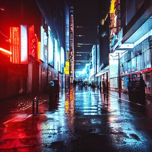Prompt: The cyberpunk city in the rain, with a lighting full of hope and love