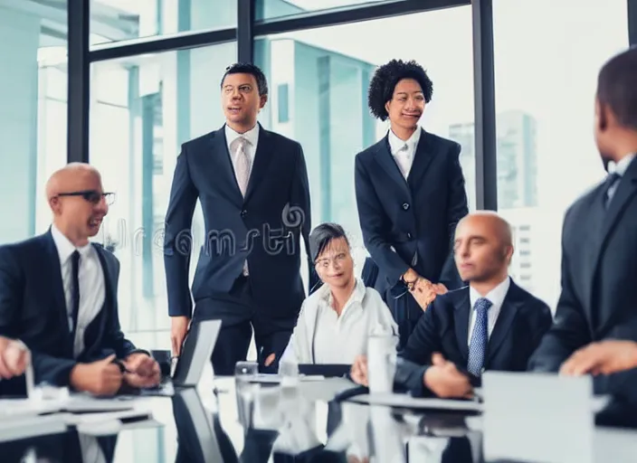 Prompt: photo of cats dressed in suits attending a management board meeting. Highly detailed 8k. Intricate. Sony a7r iv 55mm. Stock photo.