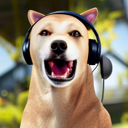 Image similar to a photorealistic dog and cat wearing headphones smiling, 8 k resolution, studio lighting, highly detailed, hyperrealism, realistic