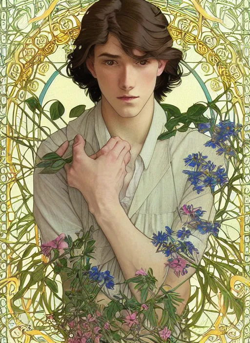 Image similar to book cover, pretty young man with shoulder length blond hair, male, half body shot, flower pattern background, path traced, highly detailed, high quality, digital painting, by studio ghibli and alphonse mucha, leesha hannigan, hidari, art nouveau, chiho aoshima, jules bastien - lepage