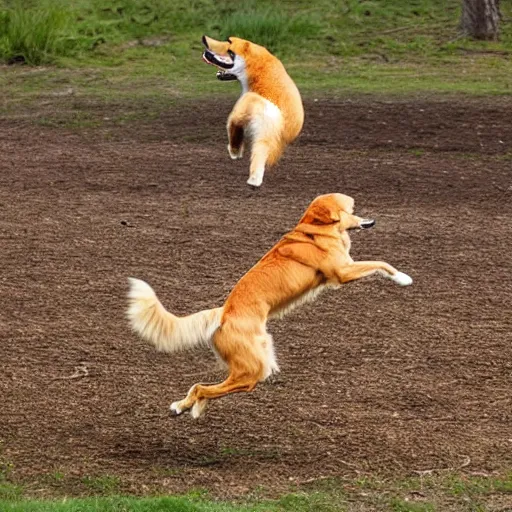 Image similar to fox jumping over a lazy golden retriever