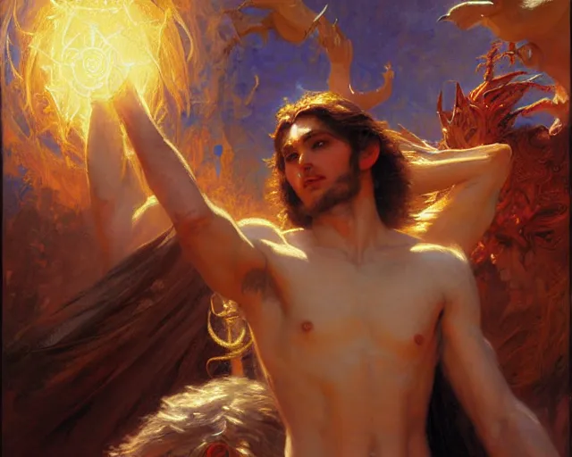 Image similar to attractive pagan male deity, casting chaos magic, summoning handsome lucifer morning star. highly detailed painting by gaston bussiere, craig mullins, j. c. leyendecker 8 k