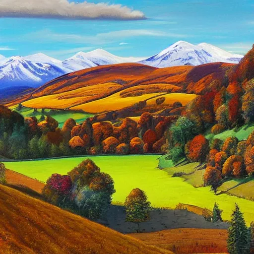 Image similar to autumnal scottish valley view with snowy mountains in the background and a deep blue sky by lisa frank and tyler edlin