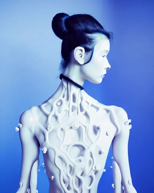 Image similar to symmetrical portrait of a woman wearing a blue embroidered translucent silicone mask and white frizzy hair buns, wearing a black bodysuit by alexander mcqueen, standing in a sterile room full of translucent silicone white flowers and plants, white background, soft diffused light, biotechnology, humanoide robot, futuristic aesthetic, translucent, ethereal, intricate details, highly detailed, masterpiece,