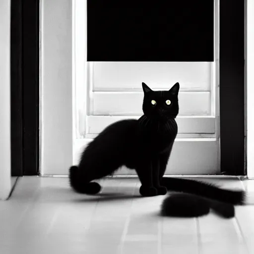 Prompt: national geographic photograph of a scheming black cat sitting in a white room