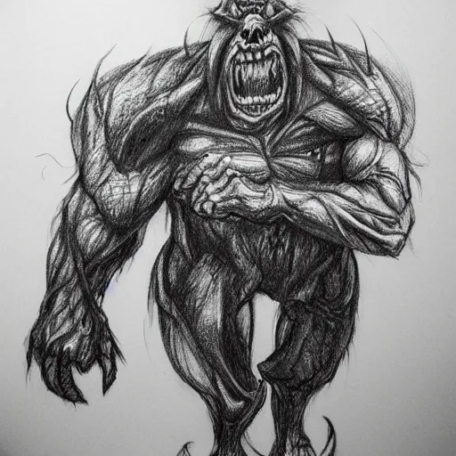 Image similar to a hand drawn pencil sketch of a monster black and white illustration