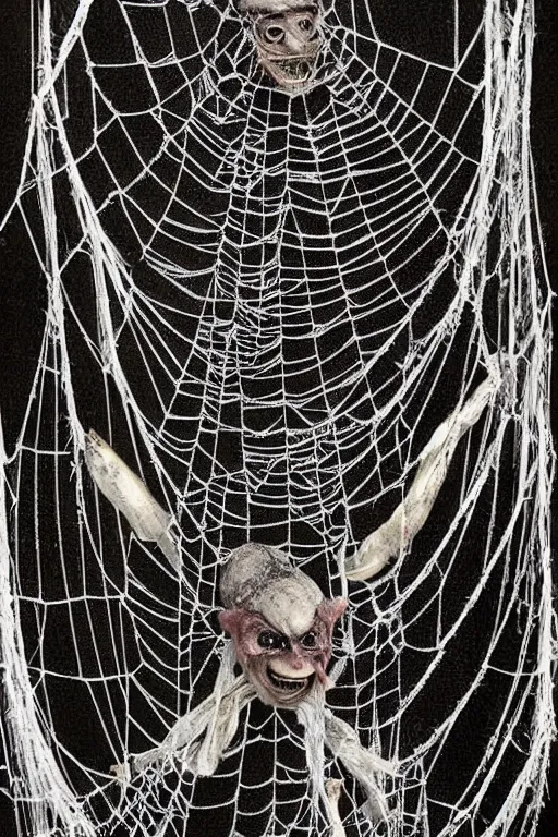 Image similar to portrait of a grotesque man spider wrapped in thick webs. horror art. disgusting.