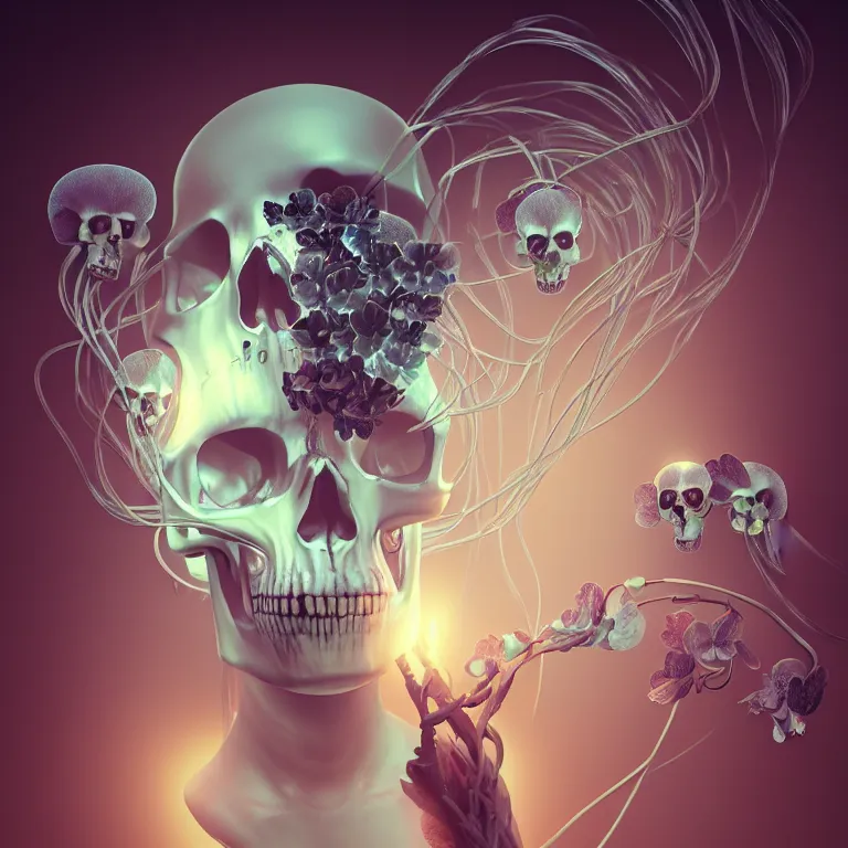 Image similar to portrait of skull and orchids, bio luminescent jellyfish, intricate artwork by Tooth Wu and wlop and beeple. octane render, trending on artstation, greg rutkowski very coherent symmetrical artwork. cinematic, hyper realism, high detail, octane render, 8k