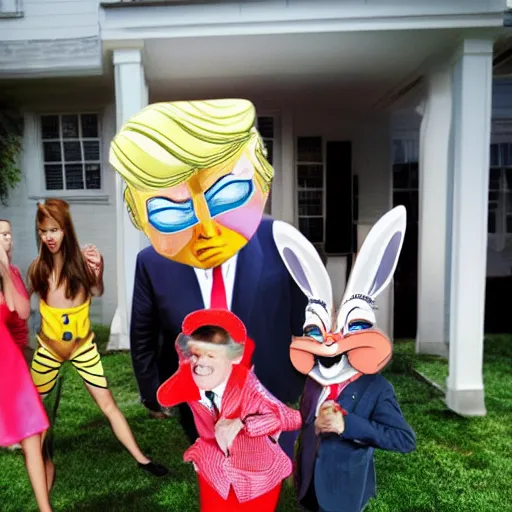 Image similar to high definition photo Donald trump dressed as Bugs Bunny spying on children at a birthday party, high quality, dynamic, good lighting