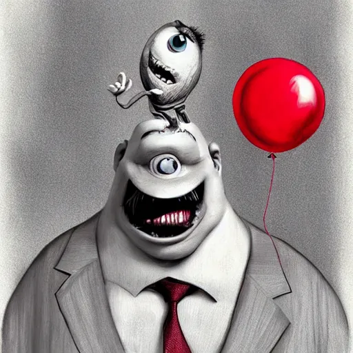 Prompt: surrealism grunge cartoon portrait sketch of chunky with a wide smile and a red balloon by - michael karcz, loony toons style, monsters inc style, horror theme, detailed, elegant, intricate