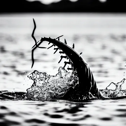 Image similar to a real life gyarados swimming in a lake, proof photograph, black and white, blurry, old camera, grainy, motion blur, unfocused