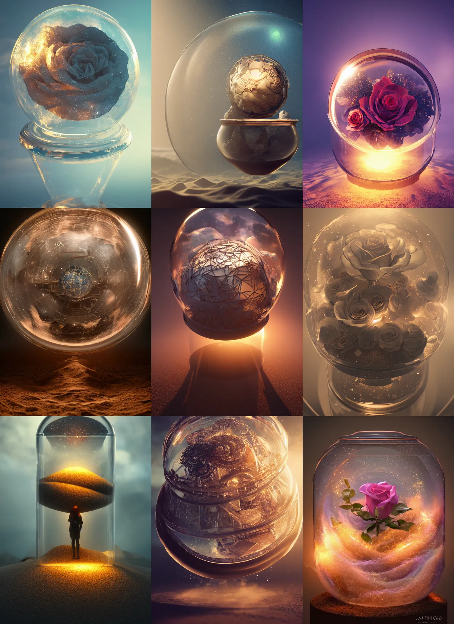 Prompt: planisphere rose inside a glass jar buried in sand, intricate detail, volumetric lighting, epic composition, hyper detailed, ultra realistic, sharp focus, octane render, volumetric, ray tracing, artstation trending, cgsociety, sense of awe, swirling mist, 4 k