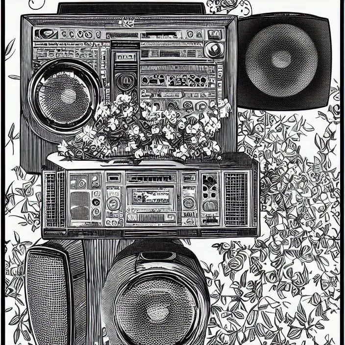 Prompt: line art of an 80's boombox with flowers growing out of the side speakers by Virgil Finlay