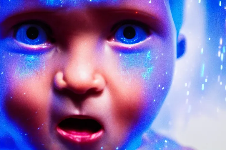 Prompt: a large blue and white hologram of a screaming child's face, photography by fred palacio medium full shot still from bladerunner 2 0 4 9, sci fi, bladerunner, canon eos r 3, f / 3, iso 2 0 0, 1 / 1 6 0 s, 8 k, raw, unedited