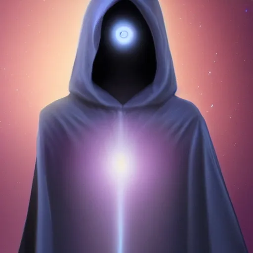 Image similar to award - winning. trending on artstation. 4 k. eerie tone. a faceless astral figure wearing a hooded cape made of the night sky with 1 dark blue glowing eye on its face. full - body.