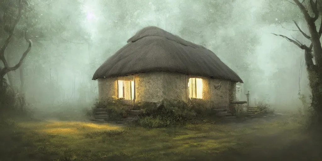 Image similar to a painting of a close up of a single cottage with a thached roof in the woods and empty woods, 8k, fantasy, hyper realistic, atmospheric lighting, cinematic