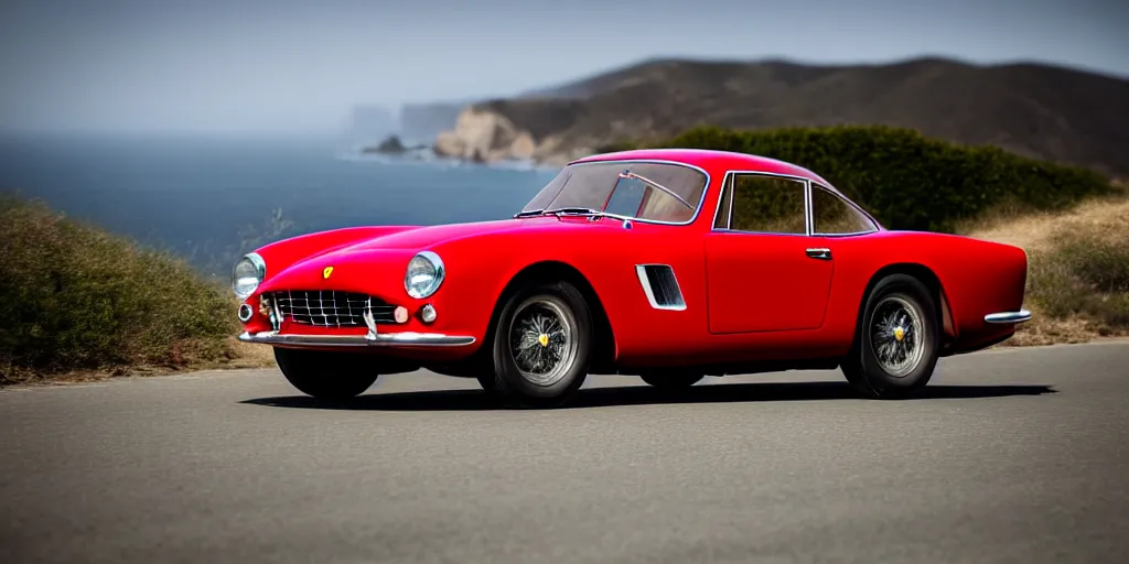 Image similar to photograph, 1958 FERRARI 250 GT, cinematic, PCH, no logo, california coast, 8k, depth of field, bokeh.