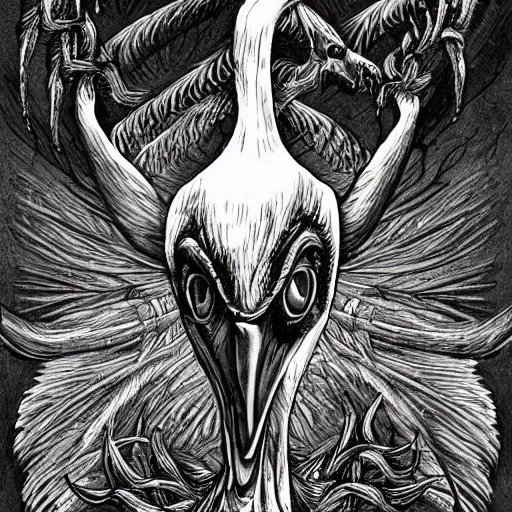 Image similar to evil swan, gritty horror illustration, highly detailed and disturbing