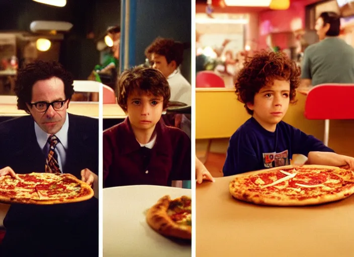 Image similar to portrait of charlie kaufman eating pizza at chuck - e - cheese, with felipe dieppa, and with vince peone, dramatic lighting, moody film still from being john malkovich ( 2 0 0 1 ), 3 5 mm kodak color stock, 2 4 mm lens, directed by spike jonze, ecktochrome