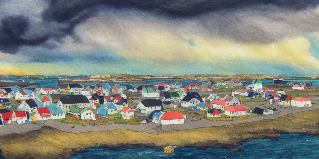 Image similar to a beautiful painting of a icelandic fishing village, storm clouds gathering over the town, by studio ghibli 8 k pastel colours, isometric drone shot smeared watercolours, golden light film grain