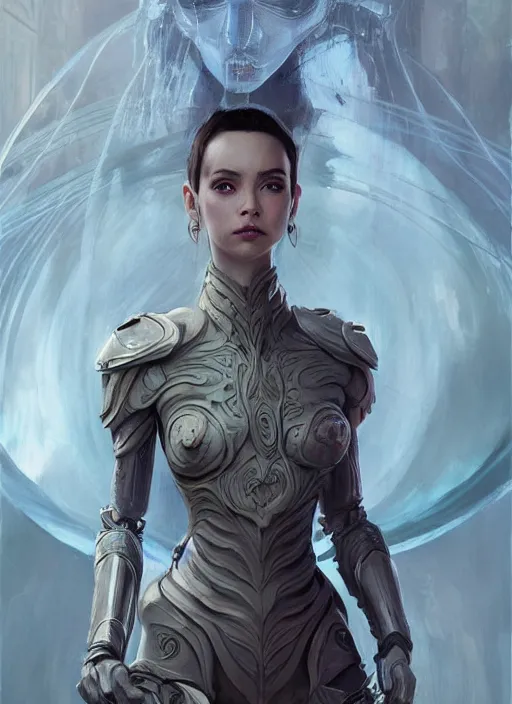 Image similar to a professional painting of a beautiful young female alien, clothed in ethereal armor, olive skin, long dark hair, beautiful bone structure, symmetrical facial features, intricate, elegant, digital painting, concept art, smooth, sharp focus, illustration, from Valerian and the City of a Thousand Planets, by Ruan Jia and Mandy Jurgens and Artgerm and William-Adolphe Bouguerea