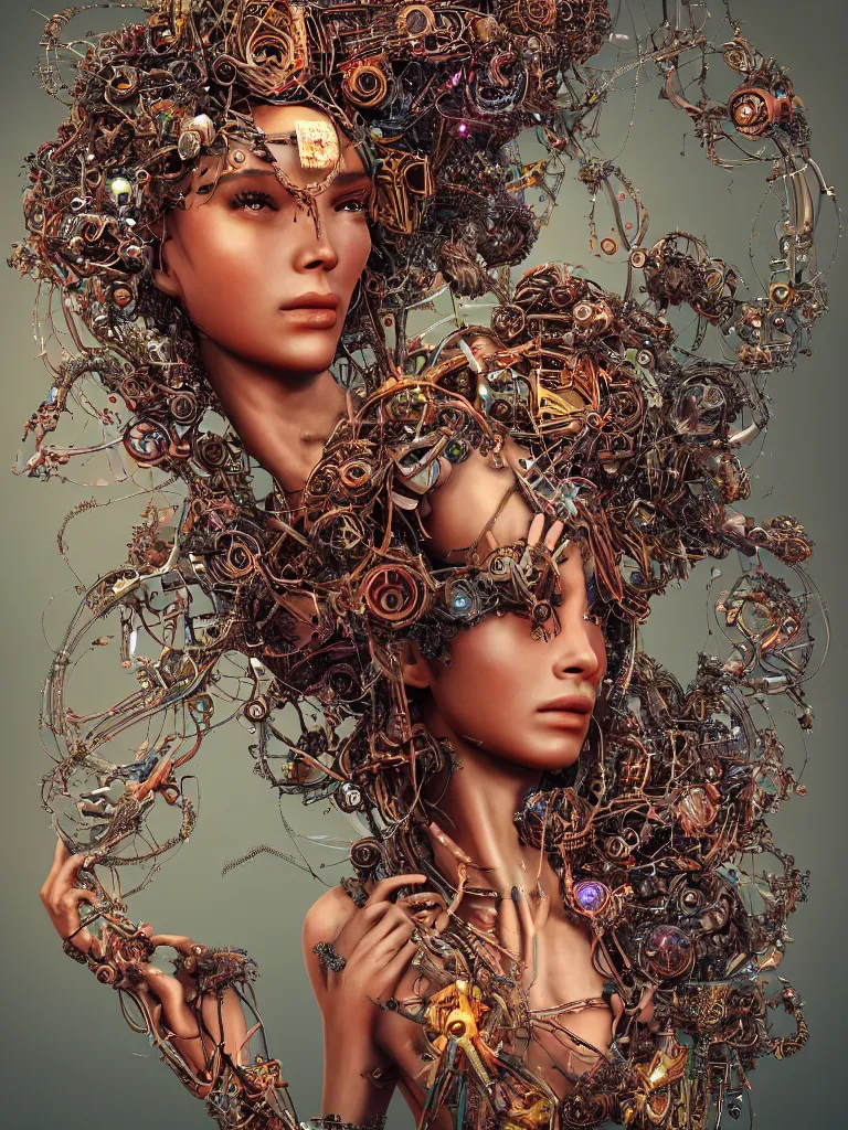 Image similar to a photo real centered image of a single beautiful tribal goddesses surrounded by intertwining bio - mech tendrils made of machine and robot parts and gemstones and leaves and feathers and incense smoke, full body, gorgeous face, perfect face, powerful, by james jean, by ross tran, 3 d, cinema 4 d render, trending on artstation, octane render, 8 k