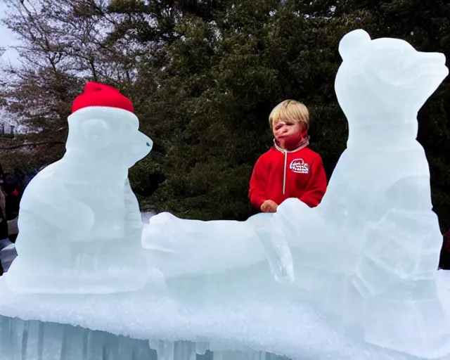 Prompt: ice sculpture. there is a little blonde boy trapped in the figurine made of ice. antartica. coca cola polar bear cheers on. concerned parents looking down from a zoo railing.