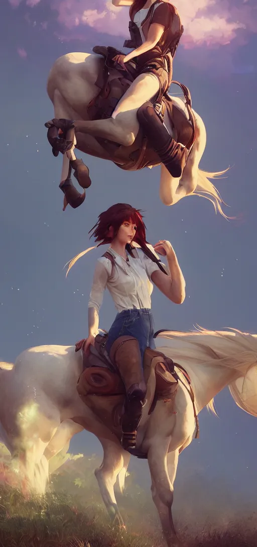 Image similar to southern ginger woman in ripped overalls riding a horse with a white mane, airbrushed, hazy, gentle, soft lighting, wojtek fus, by makoto shinkai and ilya kuvshinov,