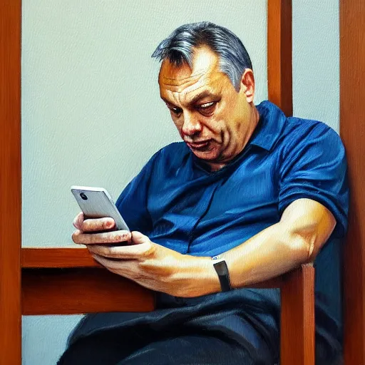 Image similar to viktor orban playing on his phone in a cubicle, oil painting