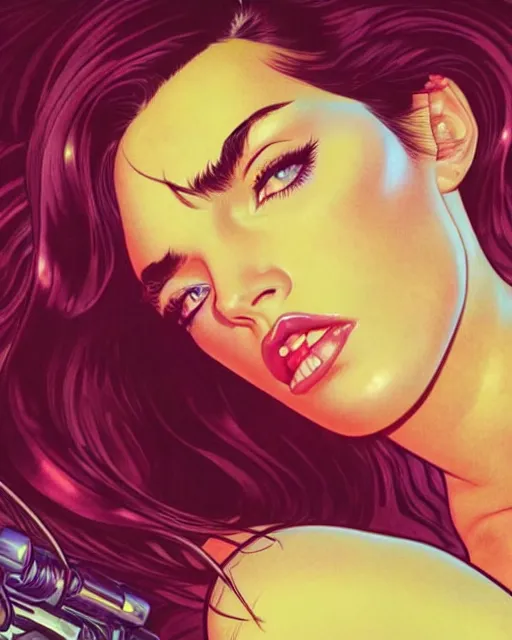 Image similar to low angle closeup very seductive megan fox retro scifi goddess pinup, vr goggles, action glamour pose, windblown dark hair, hyper detailed, digital art, studio lighting, smooth, ambient lighting, sharp focus, frank miller, wlop, anna dittmann, moebius!, alphonse mucha, patrick nagle!!!, rim lighting, synthwave