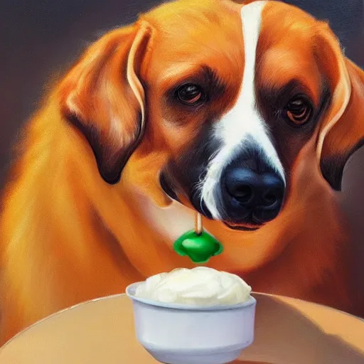 Image similar to drops of ice cream dripping from the top of the nose of a dog, highly realistic photography, high quality, artstation, oil painting