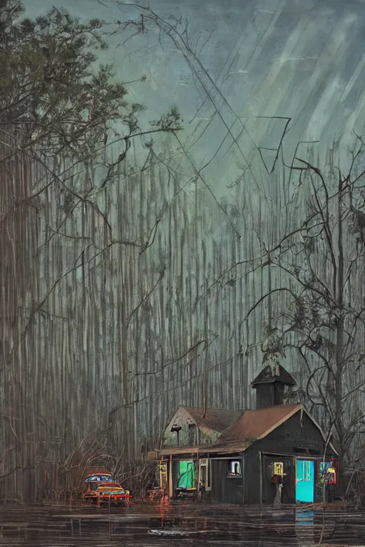 Image similar to scene fromlouisiana swamps, old protestant church with neon cross, junkyard by the road, boy scout troop, voodoo artwork by tim eitel