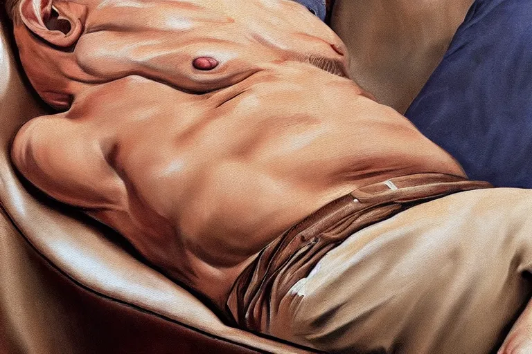 Image similar to a airbrush painting of a caucasian man relaxing on a brown reclined leather chair