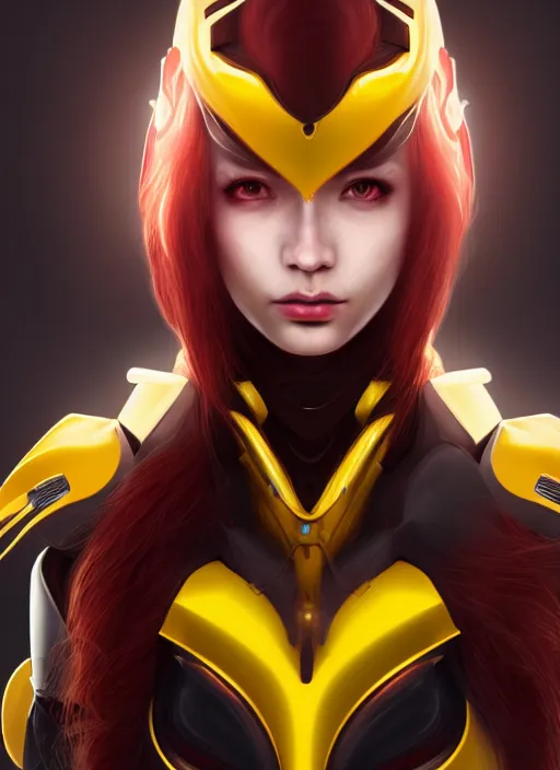 Prompt: detailed portrait of perfect deep red haired girl, android, warframe armor, beautiful, pretty face, yellow cyborg eyes, innocent, scifi, 4 k, sun yunjoo, ultra realistic, aura of light, cinematic lighting, highly detailed, sharp focus, artstation, masterpiece, art by hyungjin yang