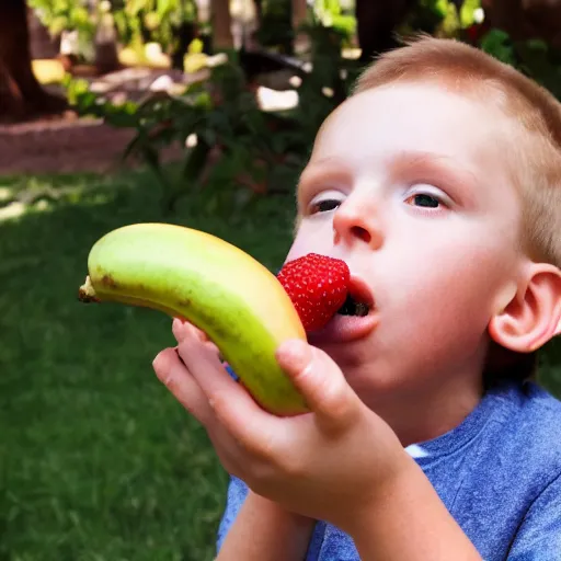 Prompt: long nose white boy eating fruit recklessly, photograph, caught in the moment, mid shot, photorealistic