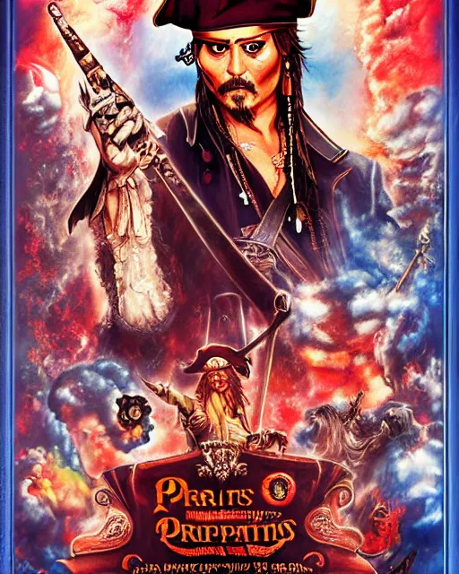 Image similar to < pirates of the prompt >!!!!! film poster featuring johnny depp, airbrush, drew struzan illustration art, key art, movie poster