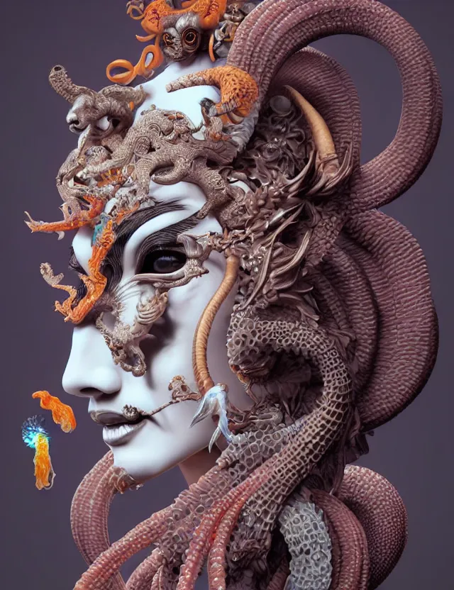 Image similar to 3 d goddess close - up profile portrait of satanic with ram skull. beautiful intricately detailed japanese crow kitsune mask and clasical japanese kimono. betta fish, jellyfish phoenix, bio luminescent, plasma, ice, water, wind, creature, artwork by tooth wu and wlop and beeple and greg rutkowski