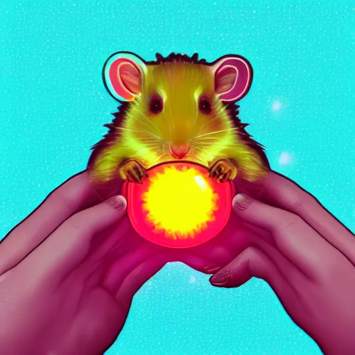 Image similar to cyberpunk hamster holding rainbow gem! crystal, neon lights, light reflection, 8 k, hd