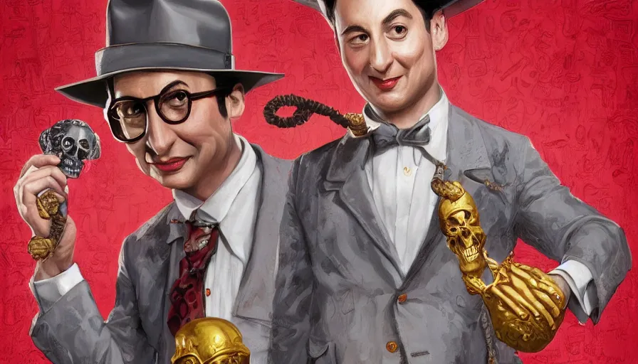 Prompt: pee - wee herman as indiana jones holding a whip in left hand and holding a golden mayan skull in the right hand, grey background, hyperdetailed, artstation, cgsociety, 8 k