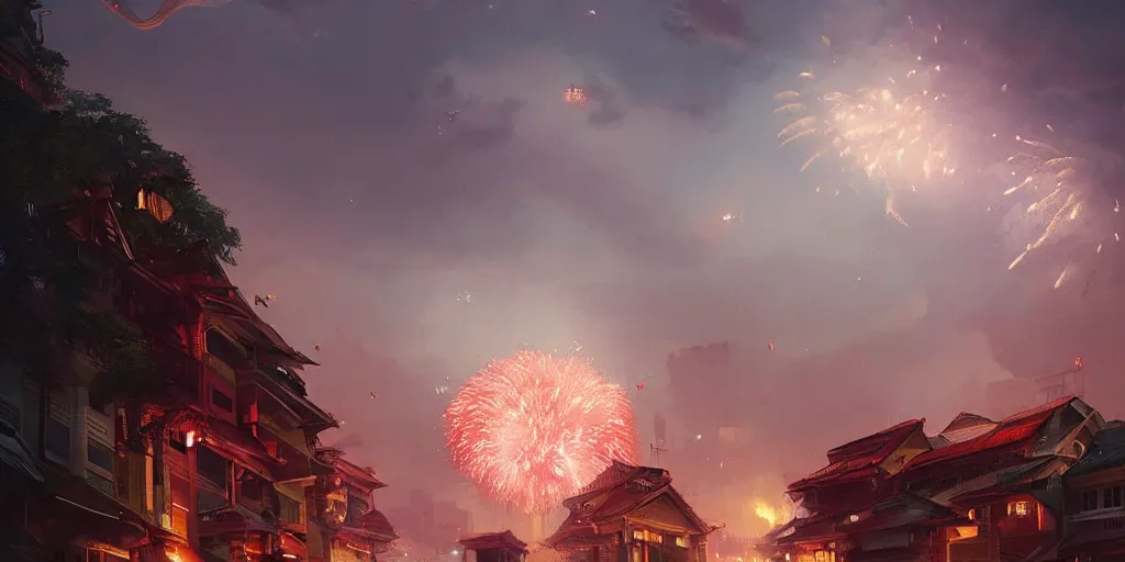 Prompt: Singapore city with a lion-shaped!!!!! cloud and fireworks in the sky, by greg rutkowski, red and white lighting, digital art, ultra realistic, ultra detailed, photorealistic, 4k, character concept