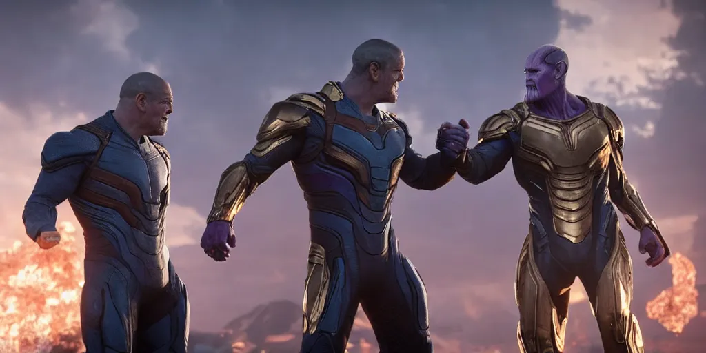 Image similar to an octane render from tom cruise shaking hands with thanos at the battle field of avengers endgame, cinematic, high resolution film render 100k, photo realistic