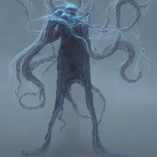 Prompt: concept designs for an ethereal ghostly wraith like figure made from wispy billowing smoke and sparks of electricity with a squid like parasite latched onto its head and long tentacle arms that flow lazily but gracefully at its sides like a cloak while it floats around a frozen rocky tundra in the snow searching for lost souls and that hides amongst the shadows in the trees, this character has hydrokinesis and electrokinesis for the resident evil village video game franchise with inspiration from kraang from the teenage mutant ninja turtle franchise and Bloodborne and the mind flayer from stranger things on netflix in the style of a marvel comic