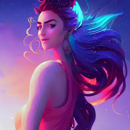 Image similar to portrait of beautiful woman with magical nebula hair, maya ali mage, gloomhaven, dynamic lighting, gaudy colors, octane render aesthetic, matte painting concept art, official fanart behance hd artstation by jesper ejsing, by rhads and makoto shinkai and lois van baarle and ilya kuvshinov and rossdraws