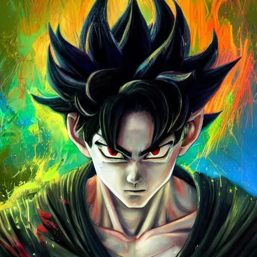 Prompt: a Demon Slayer portrait of Son Goku , tall, pale-skinned, and slender with lime green eyes and long eyelashes by Stanley Artgerm,Tom Bagshaw,arthur adams, Carne Griffiths, trending on Deviant Art,street art,face enhance,chillwave,maximalist,full of color, glittering