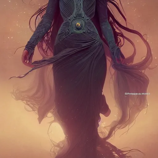 Prompt: a witch casting a spell, sci-fi, face, long hair, fantasy, intricate, elegant, highly detailed, digital painting, artstation, concept art, smooth, sharp focus, illustration, synthwave colors, faded effect, tranquil and calm, art by artgerm and greg rutkowski and alphonse mucha