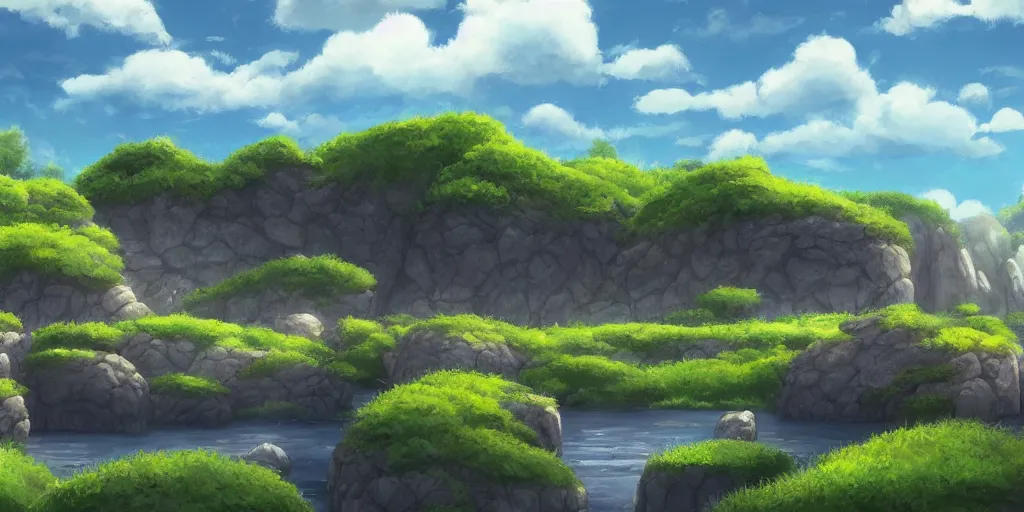 Prompt: a serene landscape with a singular building near a river with rocks at sunshine, ghibli studio, anime style, pixar style, concept art, highly detailed, high quality, soft lighting, beautiful landscape, cartoon, high coherence, cloud in the sky, digital painting, masterpiece, digital art, breathtaking landscape, soft colors, beautiful